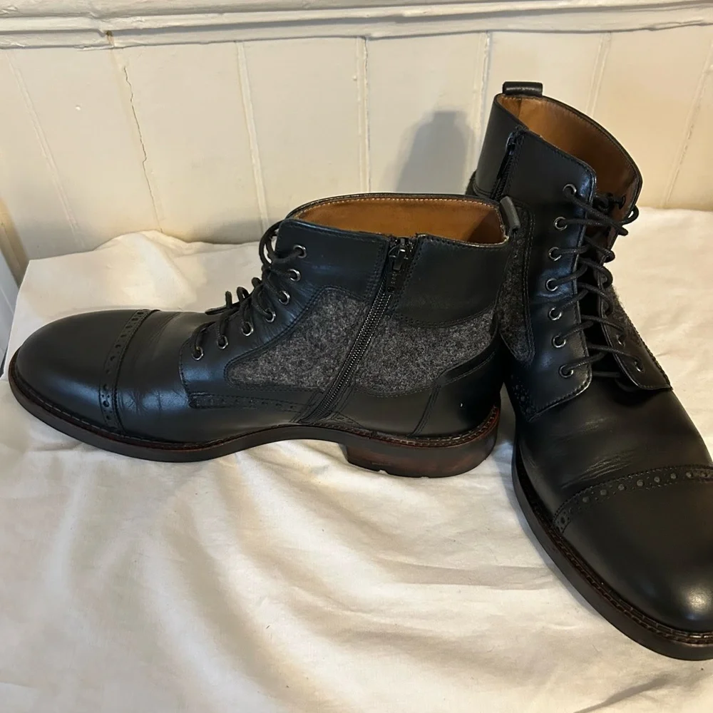 Johnston & Murphy Fullerton Mixed Media Cap-Toe Boots- Black-Size 10